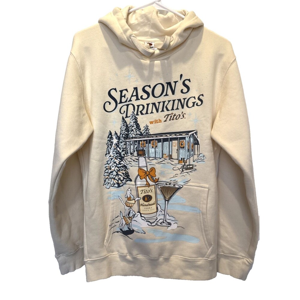 Tito's Handmade Vodka Size Small Season's Drinking Hoodie Sweatshirt Ivory